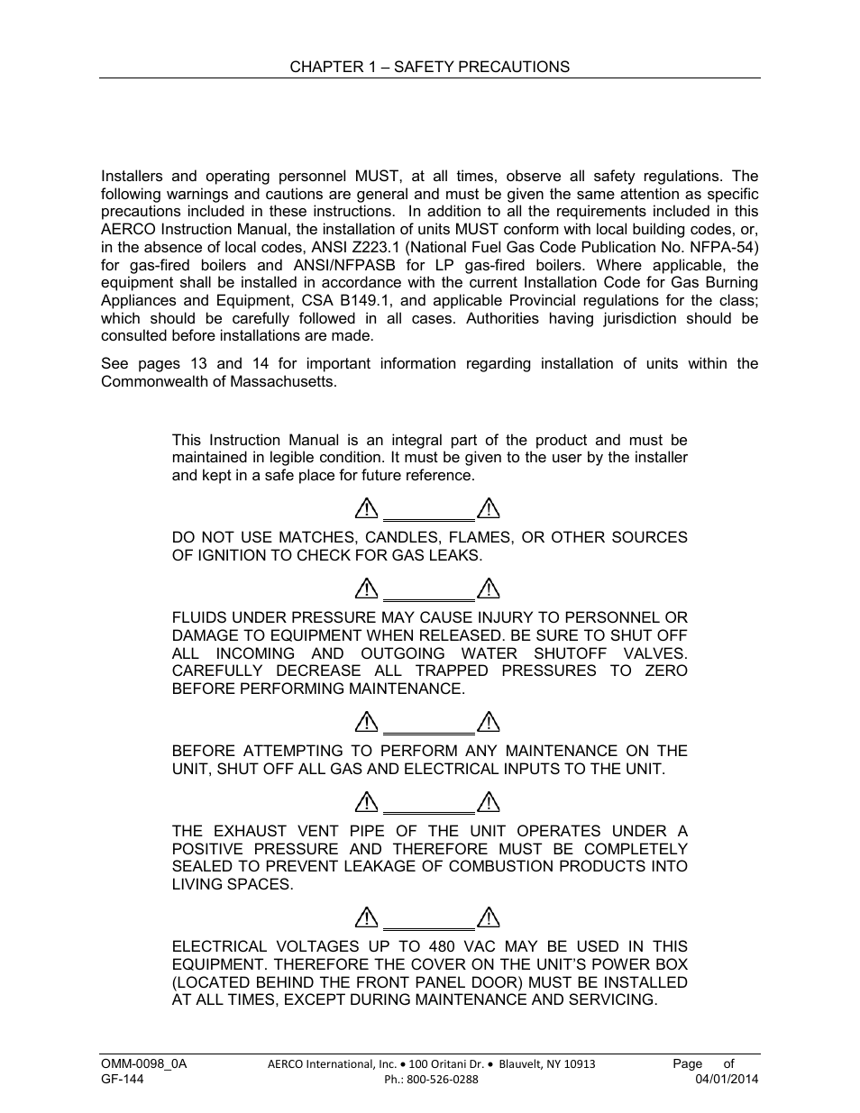 Chapter 1. safety precautions, 1 warnings & cautions, Chapter 1 | Safety precautions | AERCO BMK 2000DF User Manual | Page 11 / 196