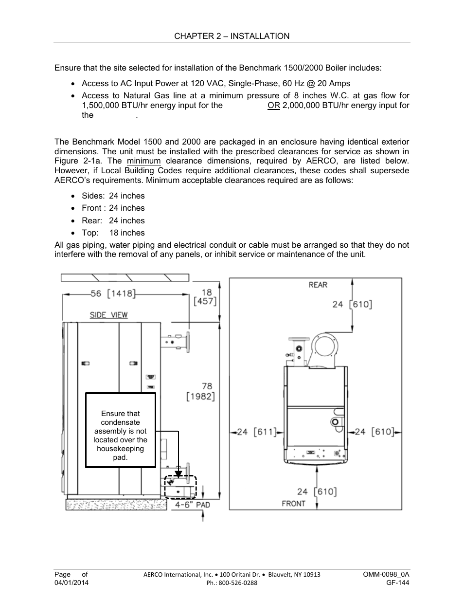 4 site preparation, 1 installation clearances | AERCO BMK 2000DF User Manual | Page 16 / 196