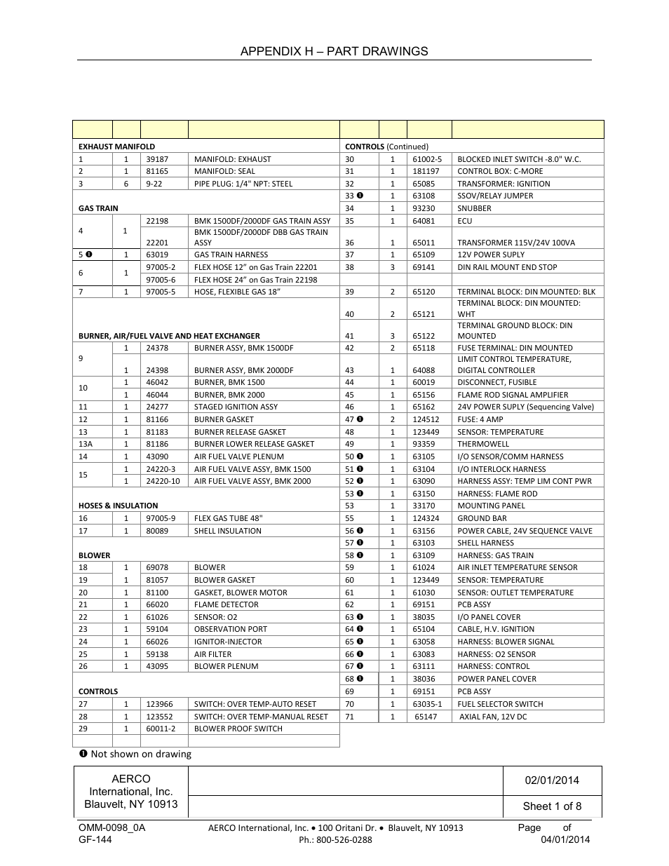 Appendix h: part drawings, Appendix h, Part drawings | Benchmark 1500df, 2000df part list, Appendix h – part drawings | AERCO BMK 2000DF User Manual | Page 163 / 196