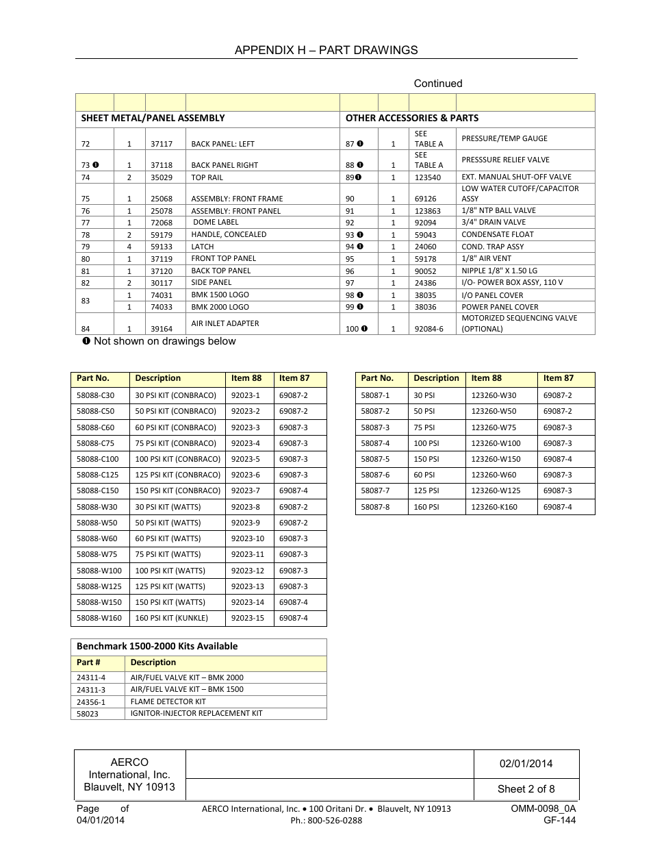 Benchmark 1500df, 2000df part list, Appendix h – part drawings | AERCO BMK 2000DF User Manual | Page 164 / 196