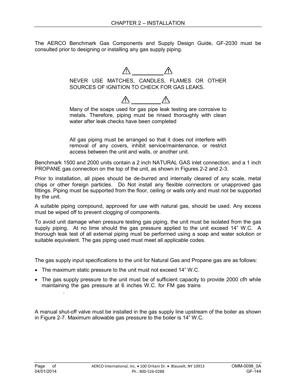 8 gas supply piping, 1 gas supply specifications, 2 manual gas shutoff valve | AERCO BMK 2000DF User Manual | Page 22 / 196