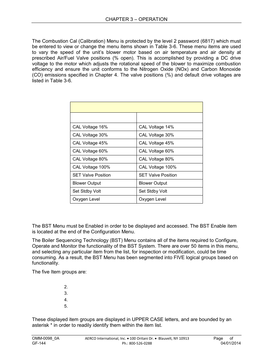 8 combustion cal menu, 9 bst (boiler sequencing technology) menu | AERCO BMK 2000DF User Manual | Page 45 / 196