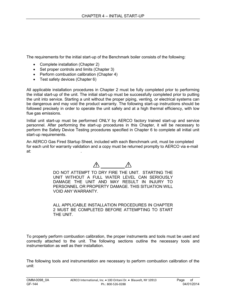 Chapter 4. initial start-up, 1 initial start-up requirements, 1 required tools & instrumentation | Chapter 4, Initial start-up | AERCO BMK 2000DF User Manual | Page 53 / 196