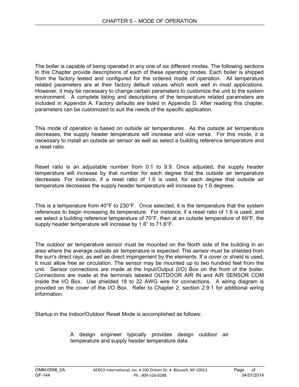 Chapter 5. mode of operation, 1 introduction, 2 indoor/outdoor reset mode | 1 reset ratio, 2 building reference temperature, 3 outdoor air temperature sensor installation, 4 indoor/outdoor startup, Chapter 5, Mode of operation | AERCO BMK 2000DF User Manual | Page 69 / 196