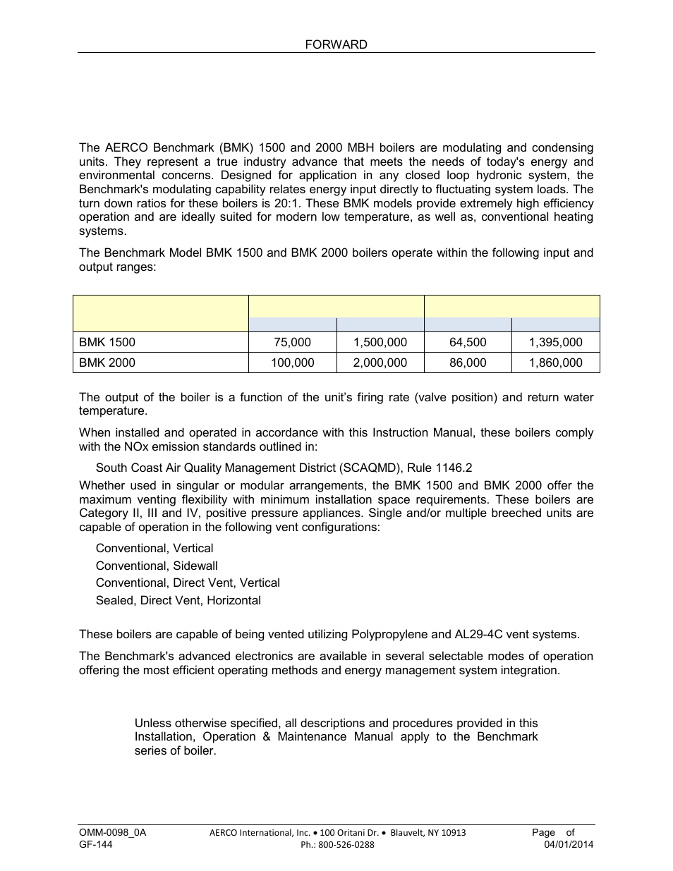 Foreword | AERCO BMK 2000DF User Manual | Page 7 / 196