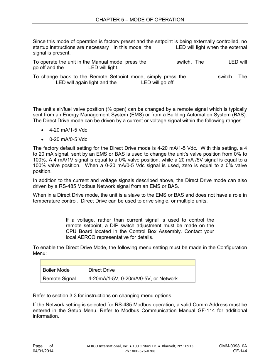 2 remote setpoint startup, 5 direct drive modes | AERCO BMK 2000DF User Manual | Page 72 / 196