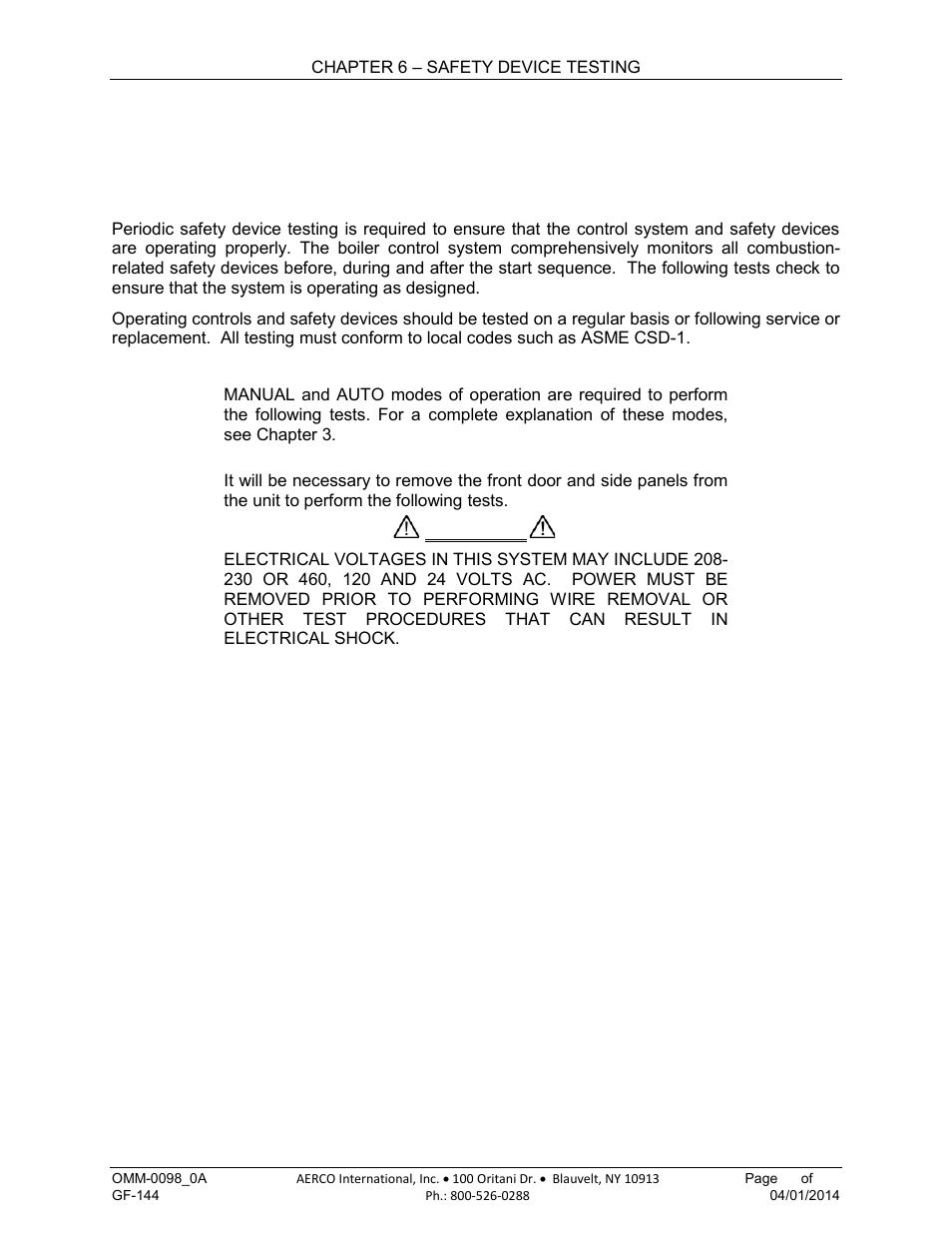 Chapter 6. safety device testing, 1 testing of safety devices, Chapter 6 | Safety device testing | AERCO BMK 2000DF User Manual | Page 77 / 196