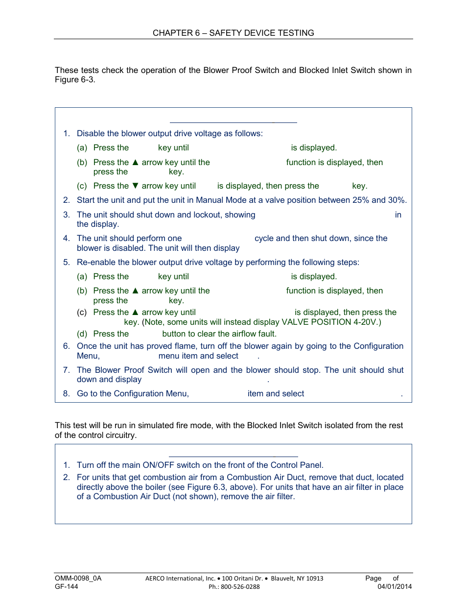 8 air flow fault tests, 1 blower proof switch test, 2 blocked inlet switch test | AERCO BMK 2000DF User Manual | Page 85 / 196