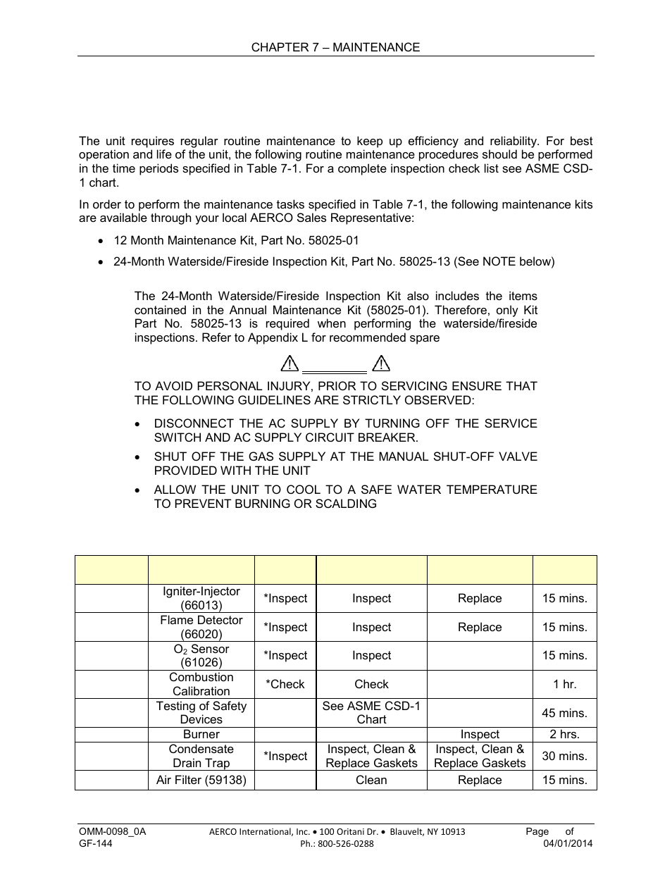 Chapter 7. maintenance, 1 maintenance schedule, Chapter 7 | Maintenance | AERCO BMK 2000DF User Manual | Page 91 / 196