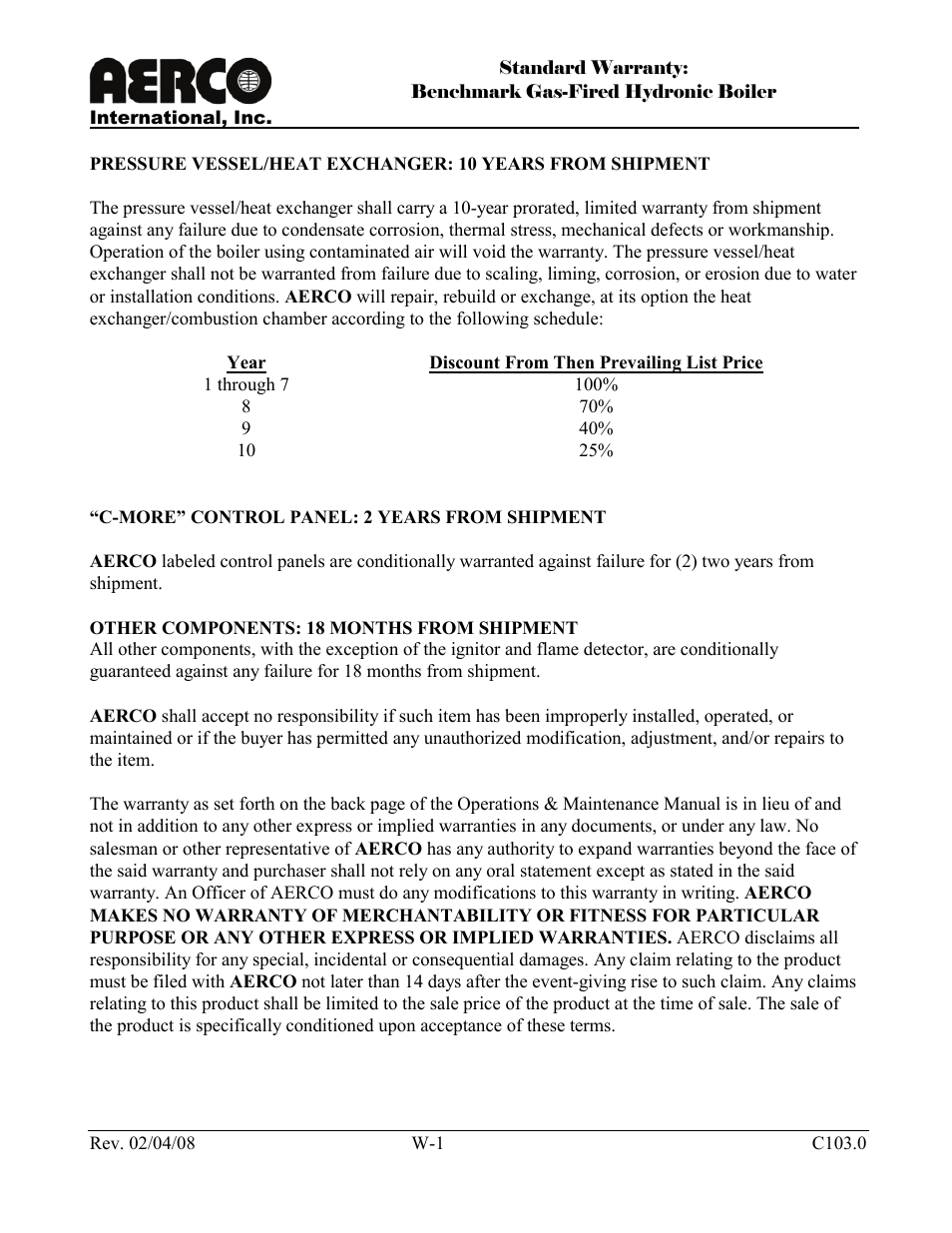 Warranty | AERCO BMK 2.0 LN Nat. Gas June 2010 User Manual | Page 123 / 125
