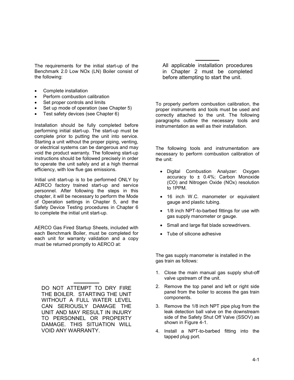Chapter 4 initial start-up, 1 initial start-up requirements, Initial start-up | AERCO BMK 2.0 LN Nat. Gas June 2010 User Manual | Page 35 / 125