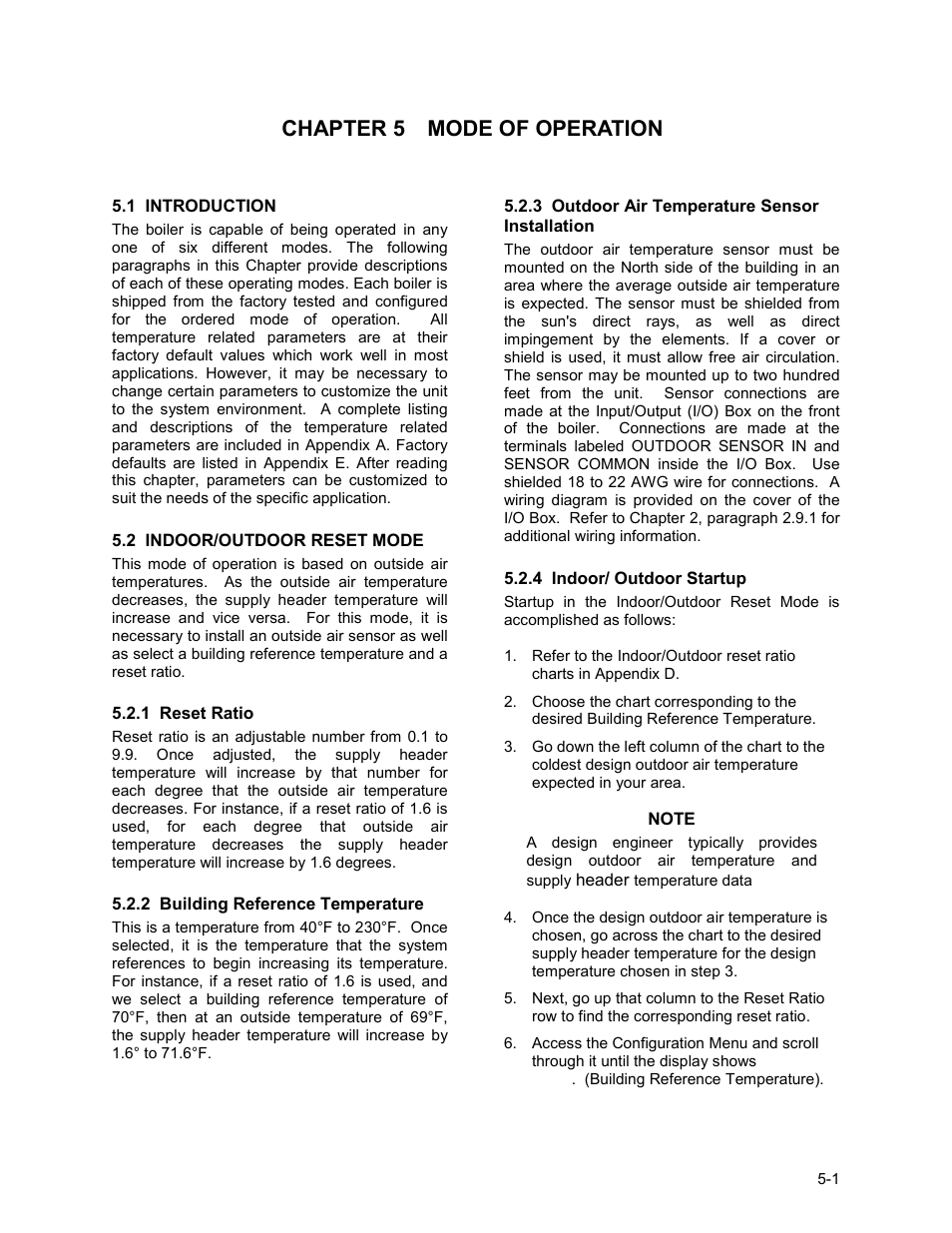 Chapter 5 mode of operation, 1 introduction, 2 indoor/outdoor reset mode | Mode of operation | AERCO BMK 2.0 LN Nat. Gas June 2010 User Manual | Page 45 / 125