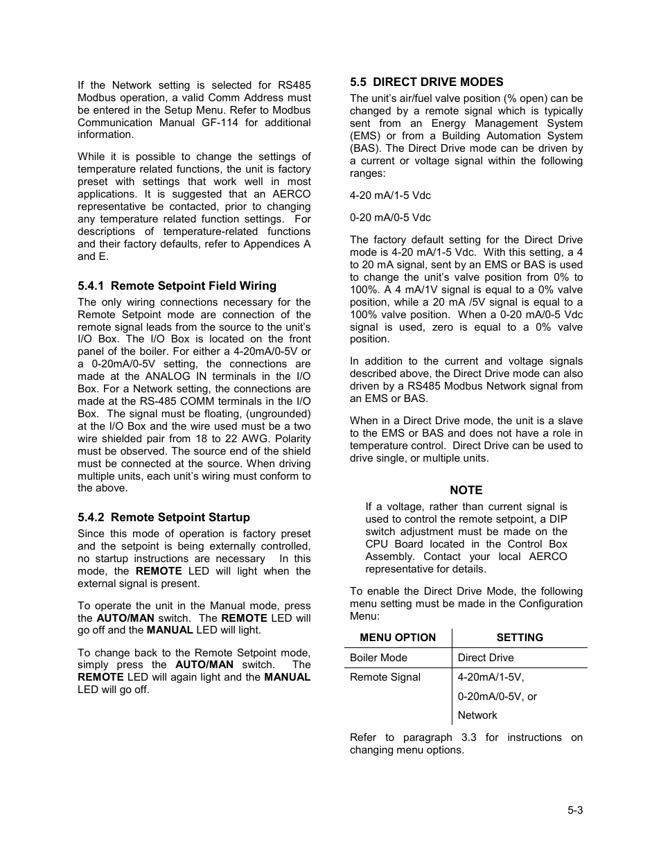 5 direct drive modes, Mode of operation | AERCO BMK 2.0 LN Nat. Gas June 2010 User Manual | Page 47 / 125