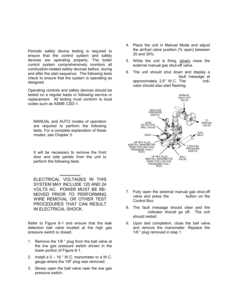 Chapter 6 safety device testing, 1 testing of safety devices, 2 low gas pressure fault test | Safety device testing | AERCO BMK 2.0 LN Nat. Gas June 2010 User Manual | Page 51 / 125
