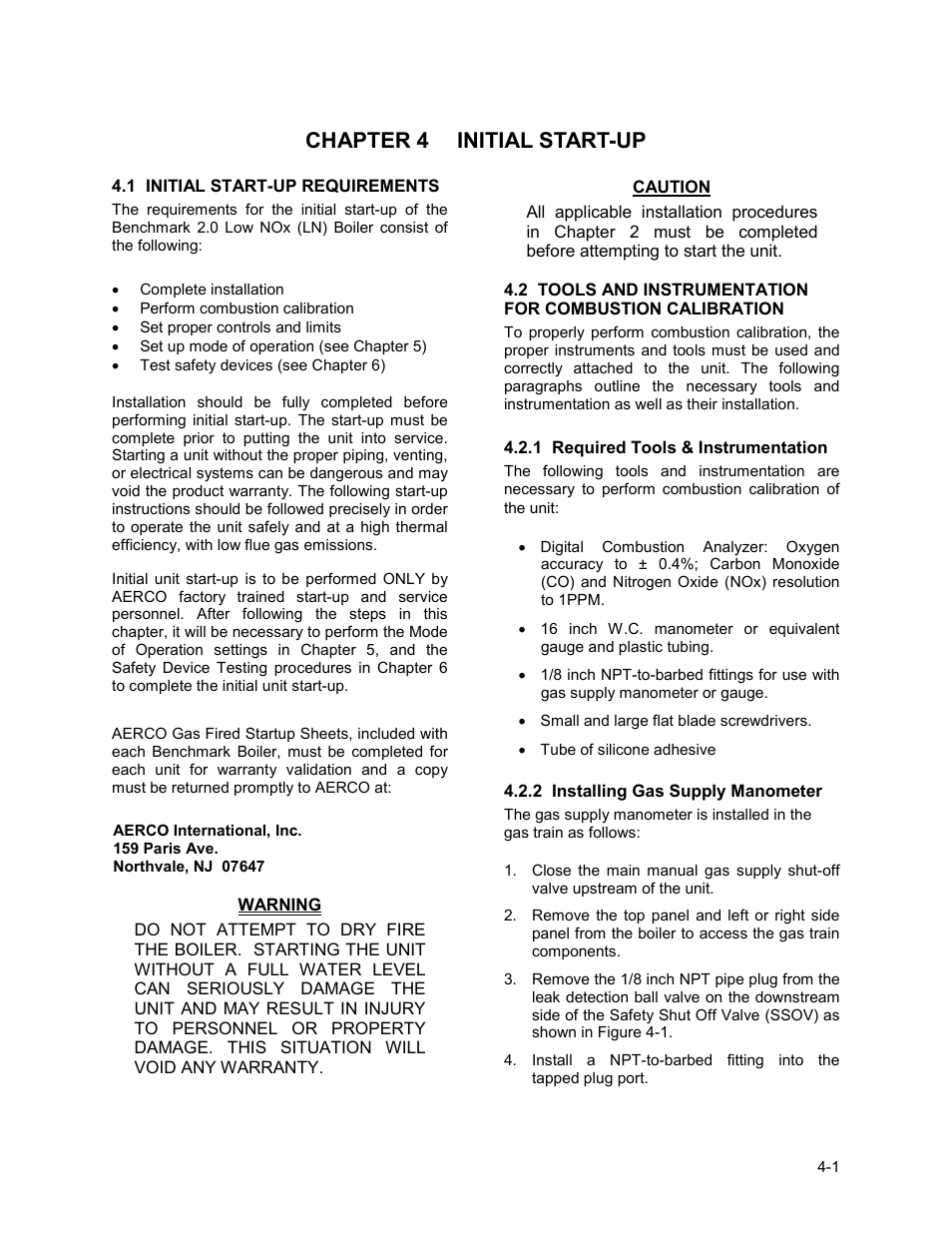 Chapter 4 initial start-up, 1 initial start-up requirements, Initial start-up | AERCO BMK 2.0 LN Natural Gas 2008 User Manual | Page 31 / 111