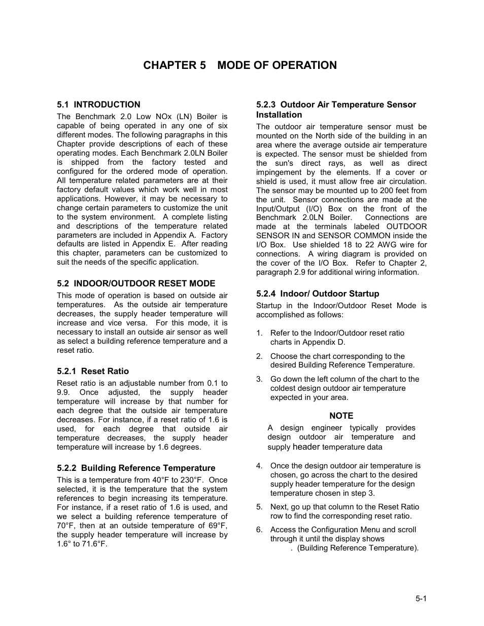 Chapter 5 mode of operation, 1 introduction, 2 indoor/outdoor reset mode | Mode of operation | AERCO BMK 2.0 LN Natural Gas 2008 User Manual | Page 37 / 111