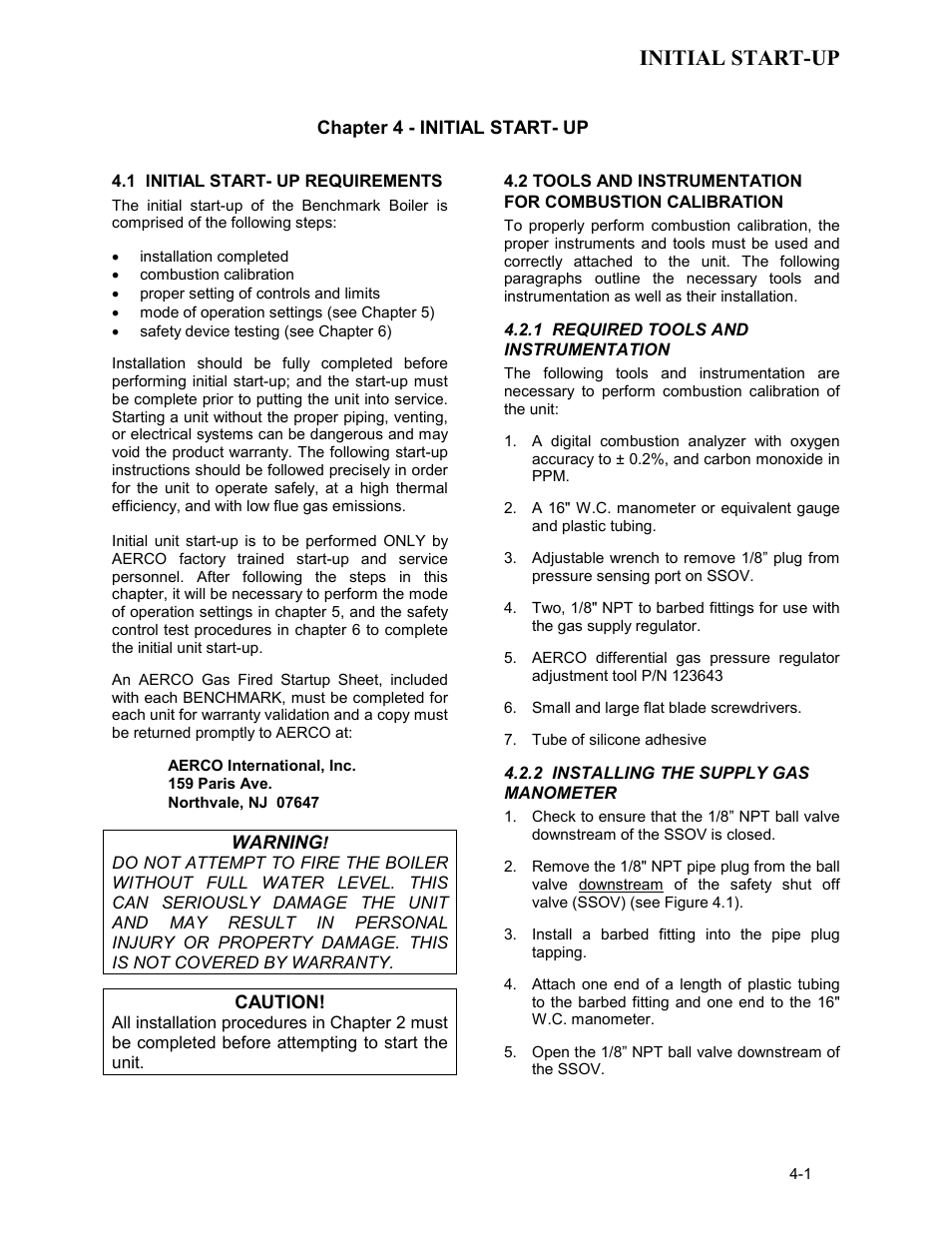 Chapter 4 - initial start-up, 1 initial start- up requirements, 1 required tools and instrumentation | 2 installing the supply gas manometer, Initial start-up | AERCO BMK 2.0 LN Nat. Gas User Manual | Page 31 / 112