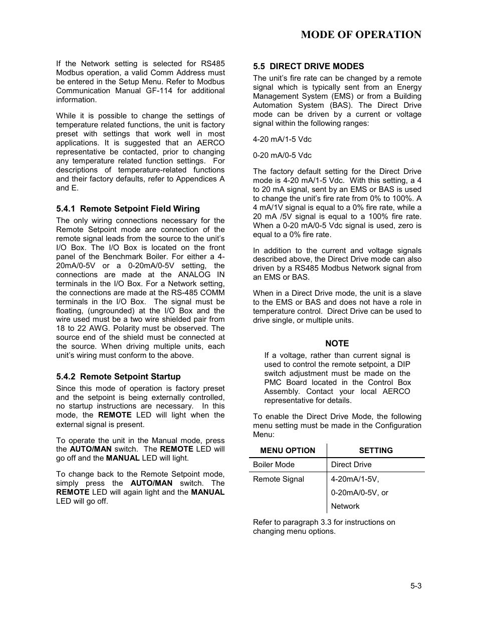 5 direct drive modes, Mode of operation | AERCO BMK 2.0 LN Nat. Gas User Manual | Page 39 / 112