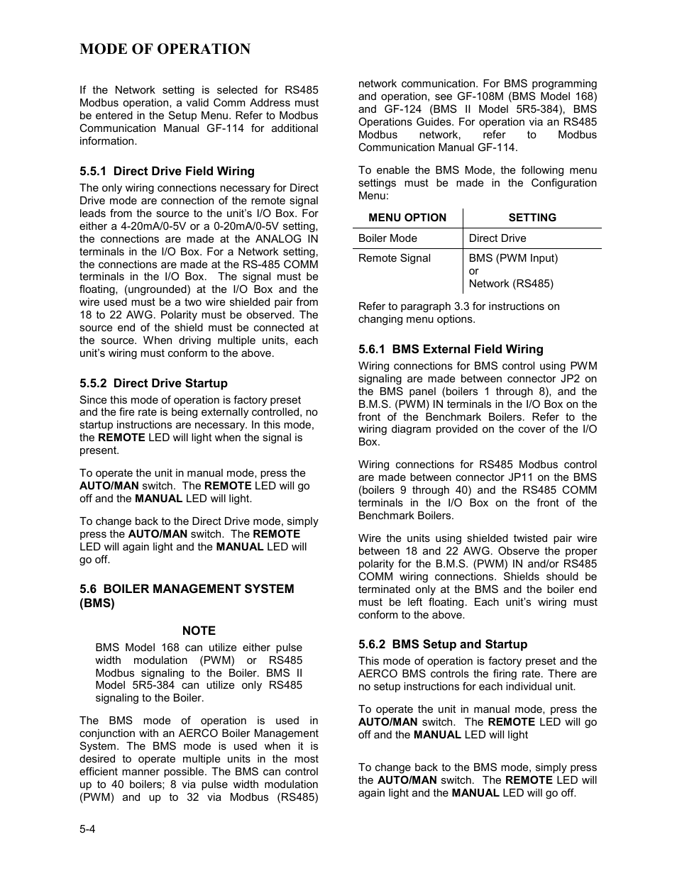 6 boiler management system (bms), Mode of operation | AERCO BMK 2.0 LN Nat. Gas User Manual | Page 40 / 112