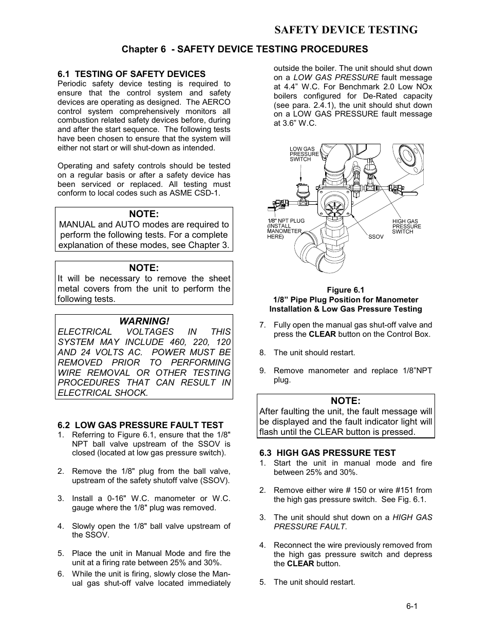 Chapter 6 - safety device testing procedures, 1 testing of safety devices, 2 low gas pressure fault test | 3 high gas pressure test, Safety device testing | AERCO BMK 2.0 LN Nat. Gas User Manual | Page 43 / 112