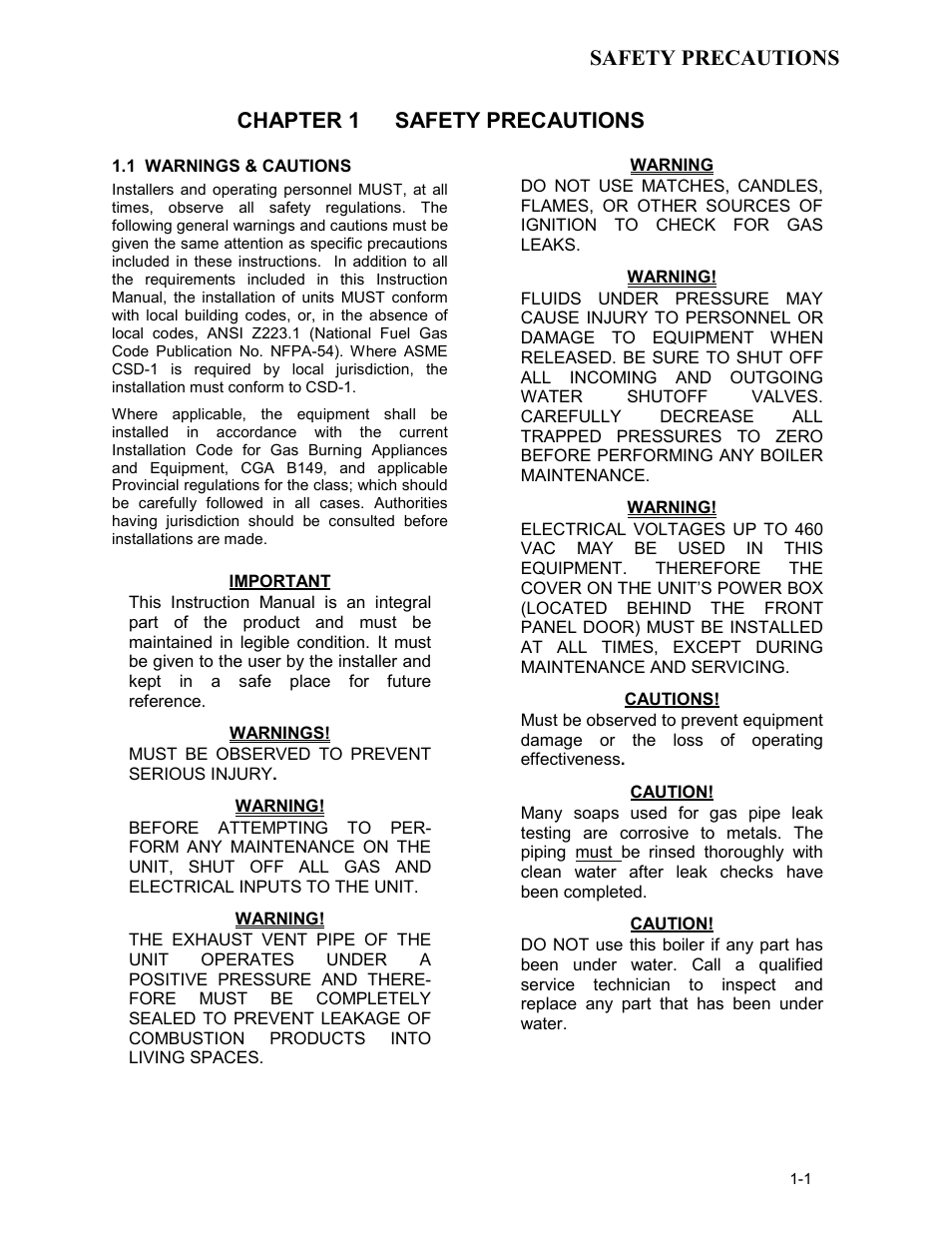 Chapter 1 - safety precautions, 1 warnings & cautions | AERCO BMK 2.0 LN Nat. Gas User Manual | Page 9 / 112