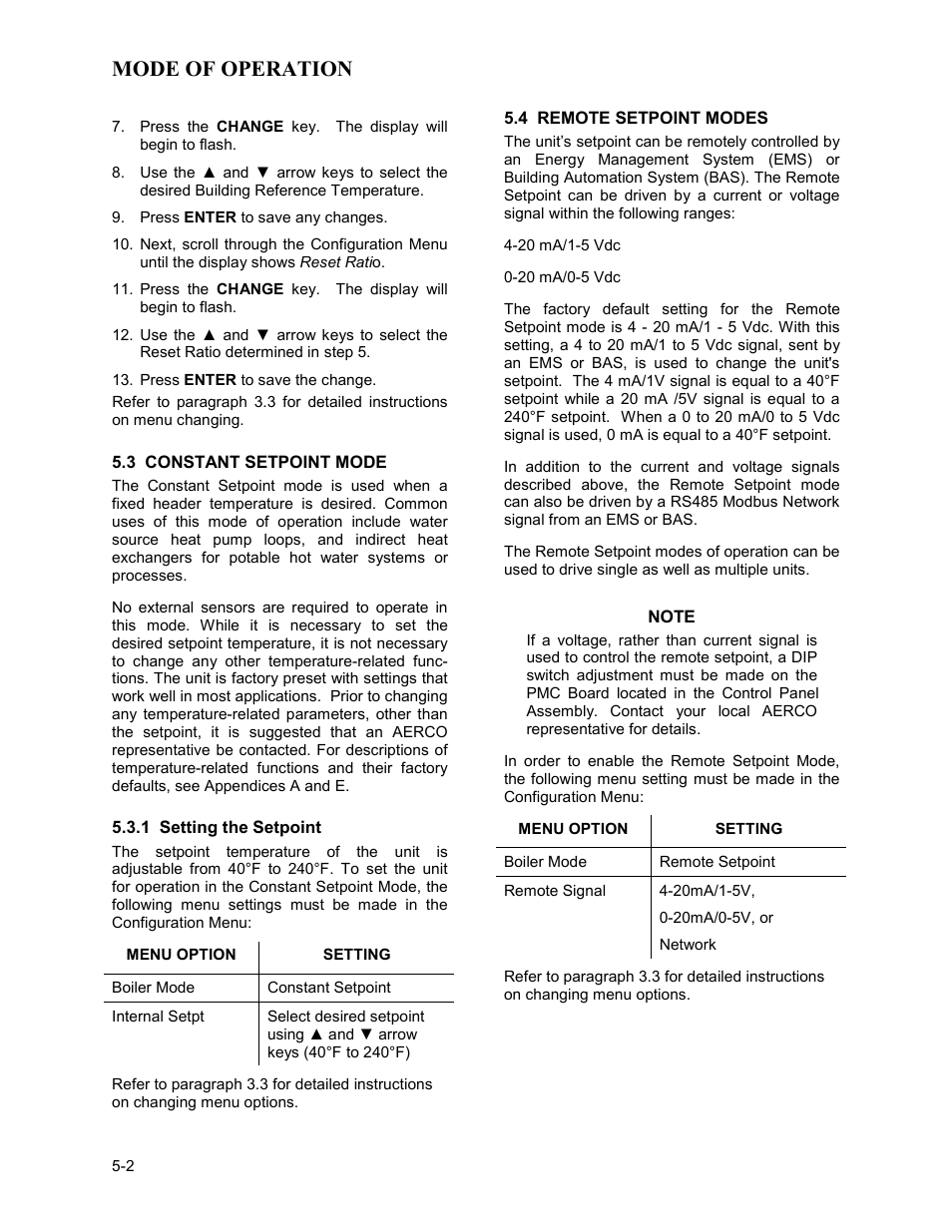 2 constant setpoint mode, 1 setting the setpoint, 3 remote setpoint modes | 1 remote setpoint field wiring, Mode of operation | AERCO BMK 2.0 LN for Mass. only User Manual | Page 40 / 114