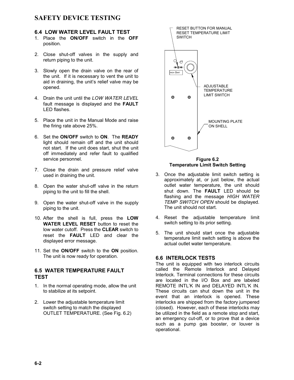 4 low water level fault test, 5 water temperature fault test, 6 interlock tests | Safety device testing | AERCO BMK 2.0 LN for Mass. only User Manual | Page 46 / 114