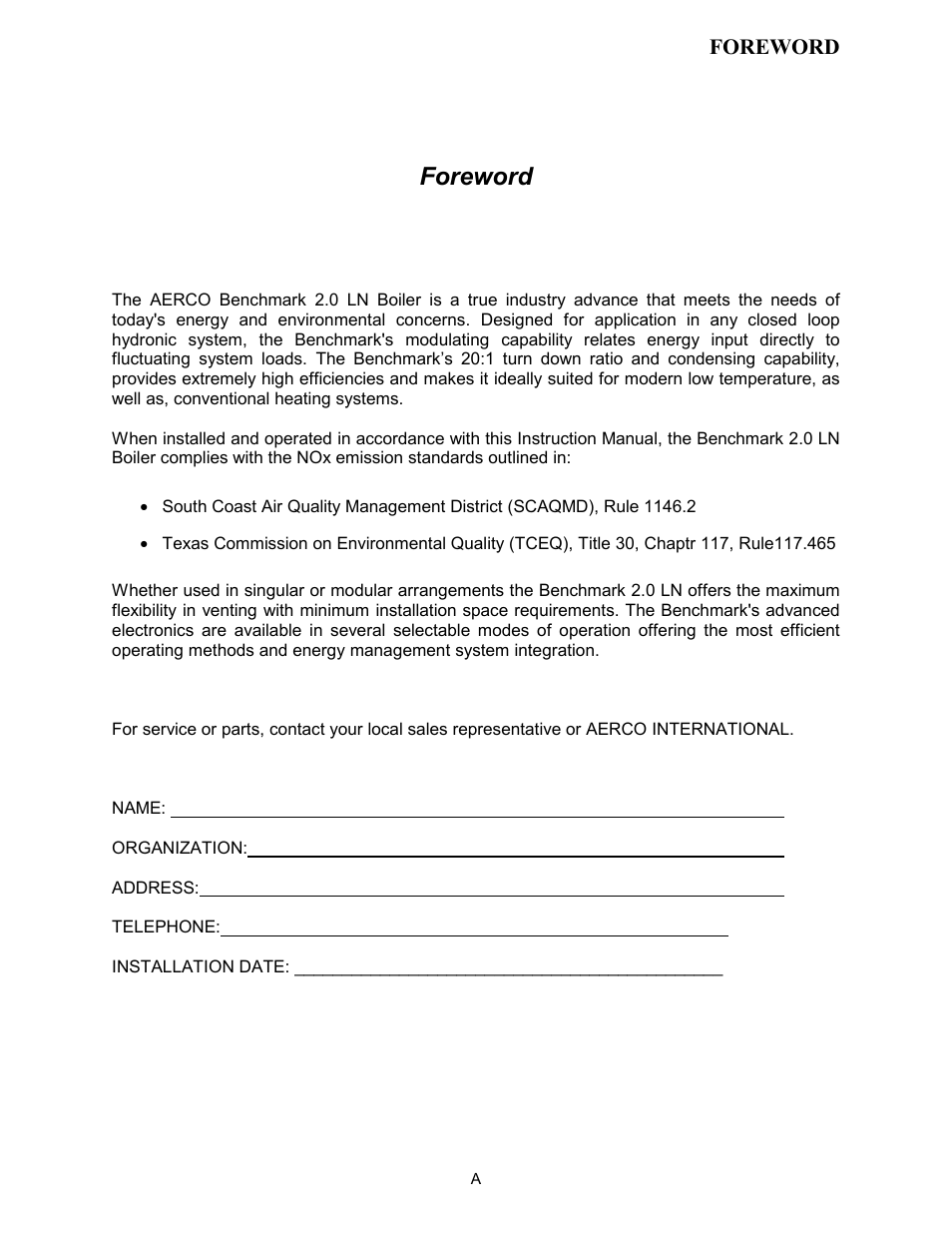 Foreword | AERCO BMK 2.0 LN for Mass. only User Manual | Page 7 / 114