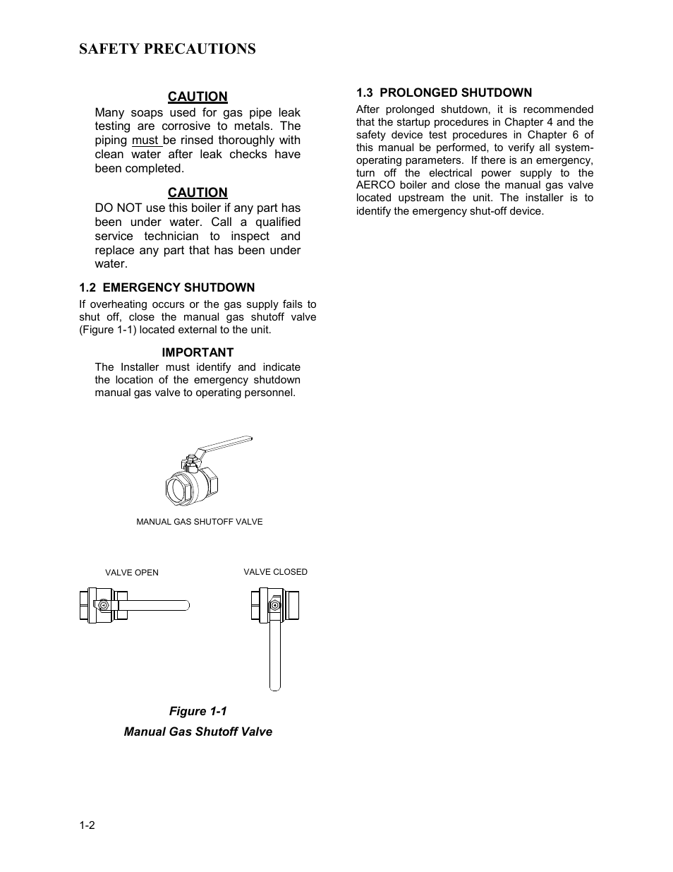2 emergency shutdown, 3 prolonged shutdown, Safety precautions | AERCO BMK 3.0 LN Dual-Fuel Series Gas Fired Low NOx Boiler System User Manual | Page 10 / 136