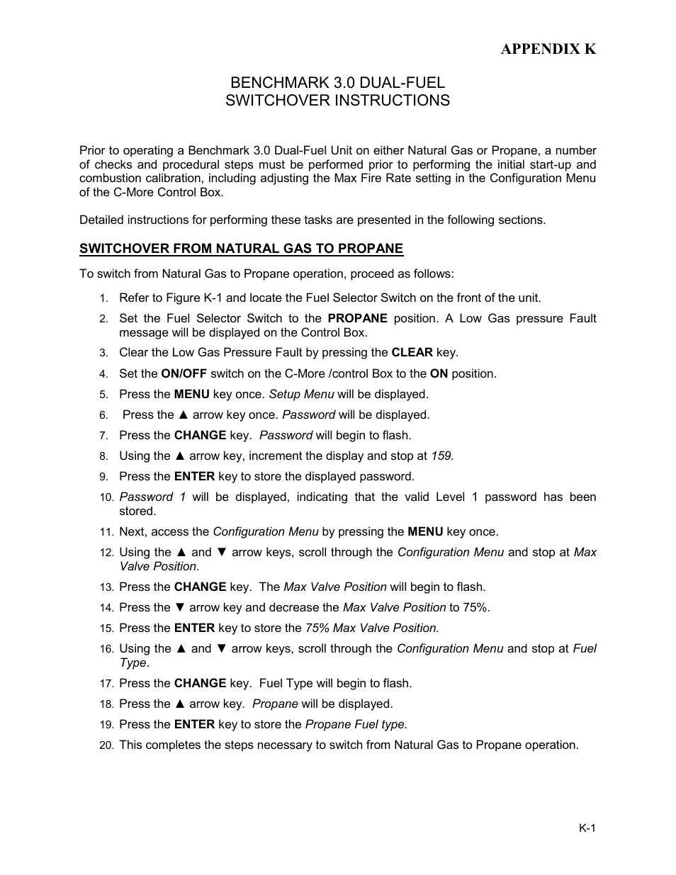 Appendix k, Benchmark 3.0 dual-fuel switchover instructions | AERCO BMK 3.0 LN Dual-Fuel Series Gas Fired Low NOx Boiler System User Manual | Page 129 / 136