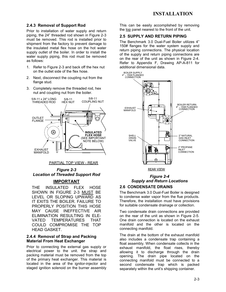 3 removal of support rod, 5 supply and return piping, 6 condensate drains | Installation, Important | AERCO BMK 3.0 LN Dual-Fuel Series Gas Fired Low NOx Boiler System User Manual | Page 13 / 136