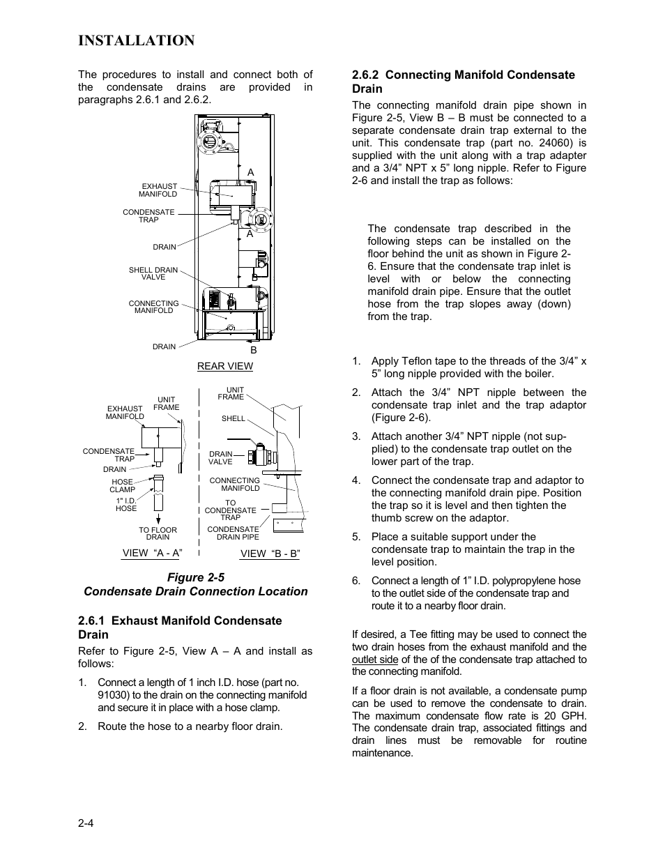 1 exhaust manifold condensate drain, 2 connecting manifold condensate drain, Installation | AERCO BMK 3.0 LN Dual-Fuel Series Gas Fired Low NOx Boiler System User Manual | Page 14 / 136
