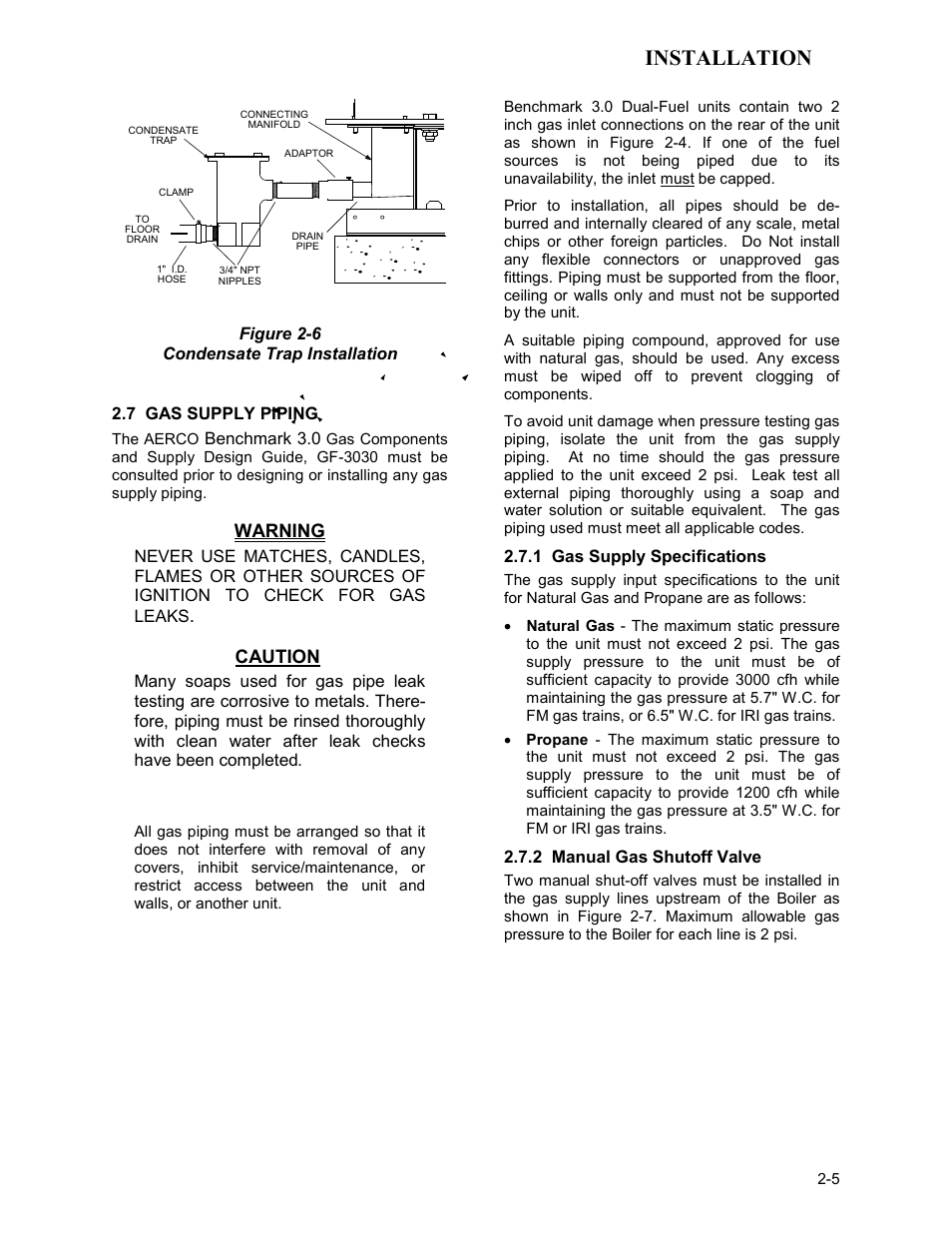 7 gas supply piping, 1 gas supply specifications, 2 manual gas shutoff valve | Installation | AERCO BMK 3.0 LN Dual-Fuel Series Gas Fired Low NOx Boiler System User Manual | Page 15 / 136