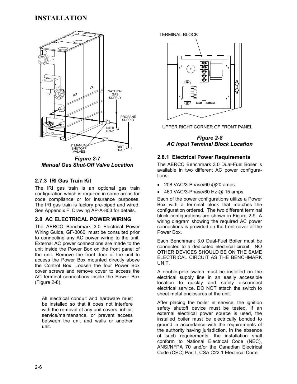 3 iri gas train kit, 8 ac electrical power wiring, 1 electrical power requirements | Installation | AERCO BMK 3.0 LN Dual-Fuel Series Gas Fired Low NOx Boiler System User Manual | Page 16 / 136