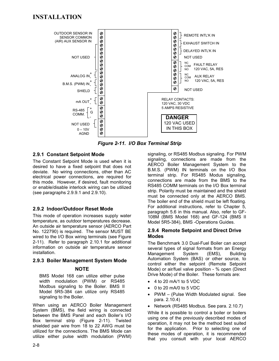 1 constant setpoint mode, 2 indoor/outdoor reset mode, 3 boiler management system mode | 4 remote setpoint and direct drive modes, Installation, Danger | AERCO BMK 3.0 LN Dual-Fuel Series Gas Fired Low NOx Boiler System User Manual | Page 18 / 136