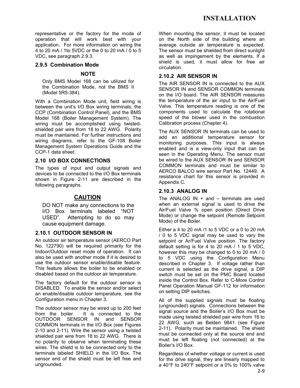 5 combination mode, 10 i/o box connections, 1 outdoor sensor in | 2 air sensor in, 3 analog in, Installation | AERCO BMK 3.0 LN Dual-Fuel Series Gas Fired Low NOx Boiler System User Manual | Page 19 / 136