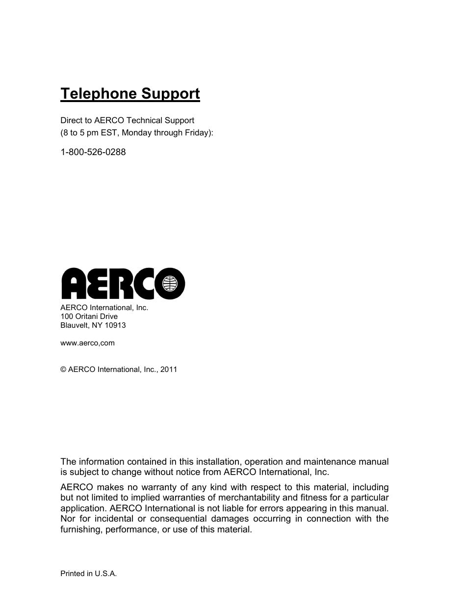 Telephone support, Direct to aerco technical support | AERCO BMK 3.0 LN Dual-Fuel Series Gas Fired Low NOx Boiler System User Manual | Page 2 / 136