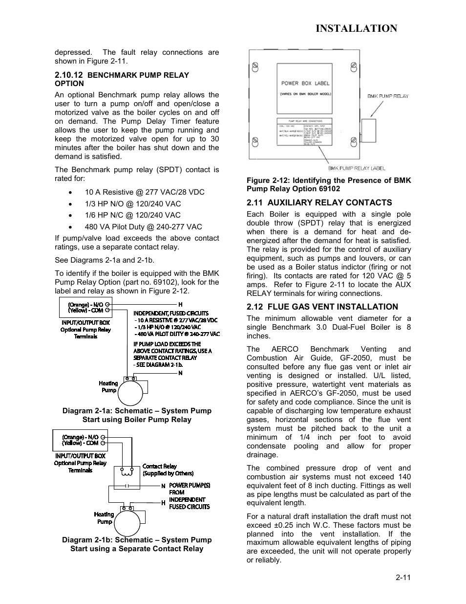 11 auxiliary relay contacts, 12 flue gas vent installation, Installation | AERCO BMK 3.0 LN Dual-Fuel Series Gas Fired Low NOx Boiler System User Manual | Page 21 / 136