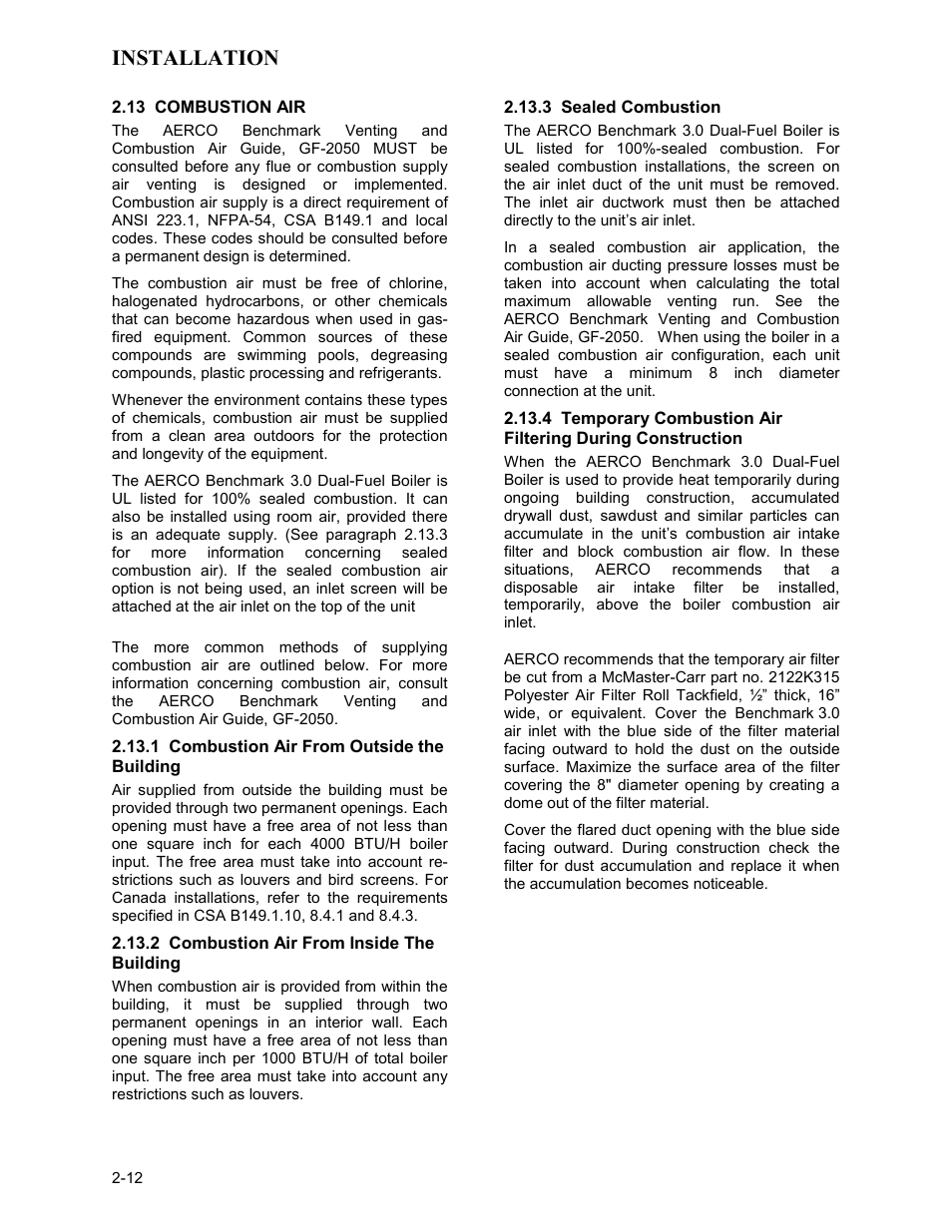 13 combustion air, 1 combustion air from outside the building, 2 combustion air from inside the building | 3 sealed combustion, Installation | AERCO BMK 3.0 LN Dual-Fuel Series Gas Fired Low NOx Boiler System User Manual | Page 22 / 136