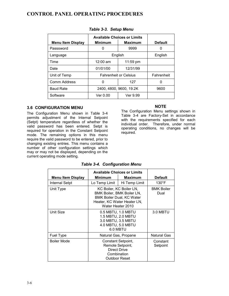 6 configuration menu, Control panel operating procedures | AERCO BMK 3.0 LN Dual-Fuel Series Gas Fired Low NOx Boiler System User Manual | Page 28 / 136