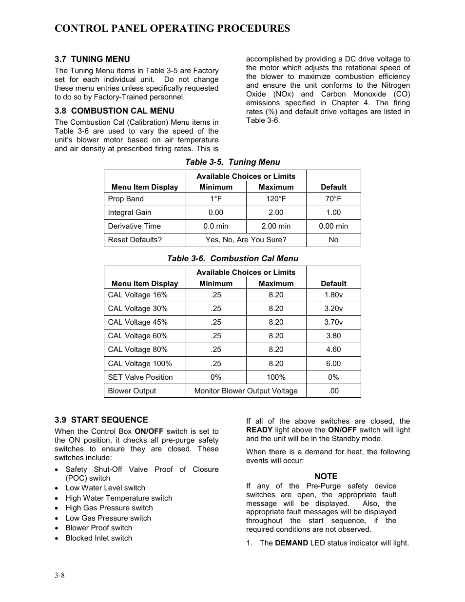 7 tuning menu, 8 combustion cal menu, 9 start sequence | Control panel operating procedures | AERCO BMK 3.0 LN Dual-Fuel Series Gas Fired Low NOx Boiler System User Manual | Page 30 / 136