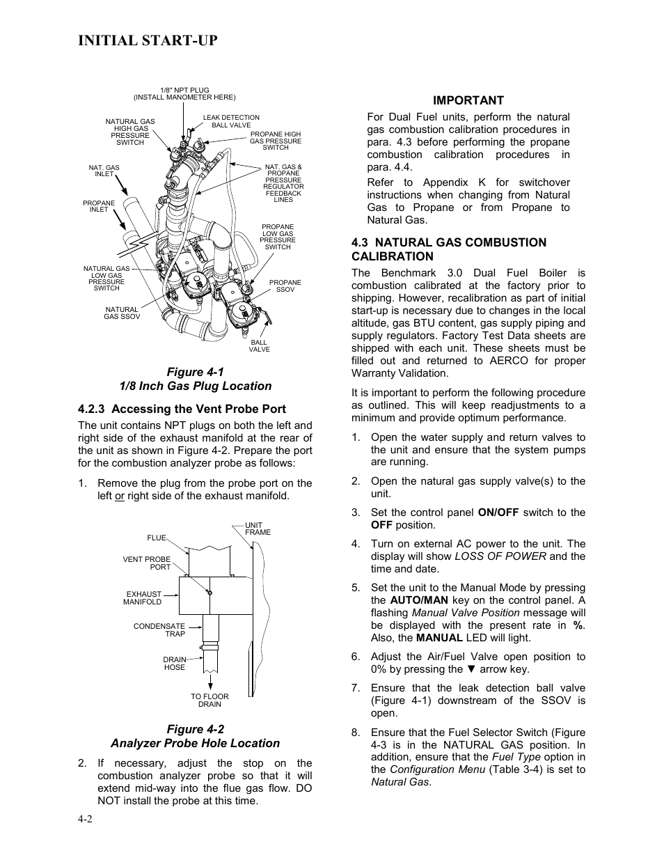 3 accessing the vent probe port, 3 natural gas combustion calibration, Initial start-up | AERCO BMK 3.0 LN Dual-Fuel Series Gas Fired Low NOx Boiler System User Manual | Page 34 / 136