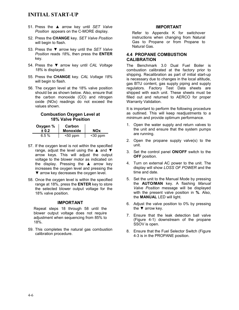 4 propane combustion calibration, Initial start-up | AERCO BMK 3.0 LN Dual-Fuel Series Gas Fired Low NOx Boiler System User Manual | Page 38 / 136