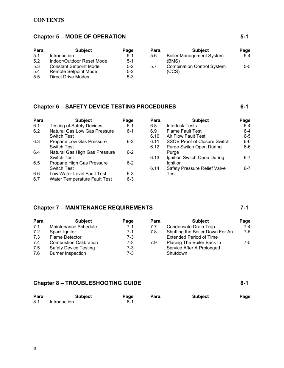 Chapter 5 – mode of operation 5-1, Chapter 6 – safety device testing procedures 6-1, Chapter 7 – maintenance requirements 7-1 | Chapter 8 – troubleshooting guide 8-1 | AERCO BMK 3.0 LN Dual-Fuel Series Gas Fired Low NOx Boiler System User Manual | Page 4 / 136