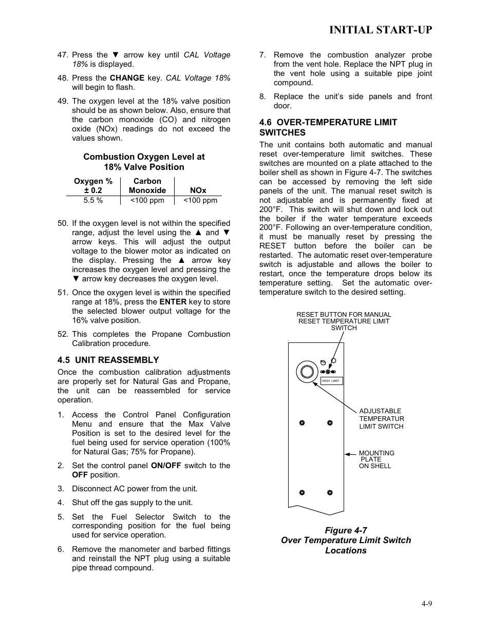 5 unit reassembly, 6 over-temperature limit switches, Initial start-up | AERCO BMK 3.0 LN Dual-Fuel Series Gas Fired Low NOx Boiler System User Manual | Page 41 / 136