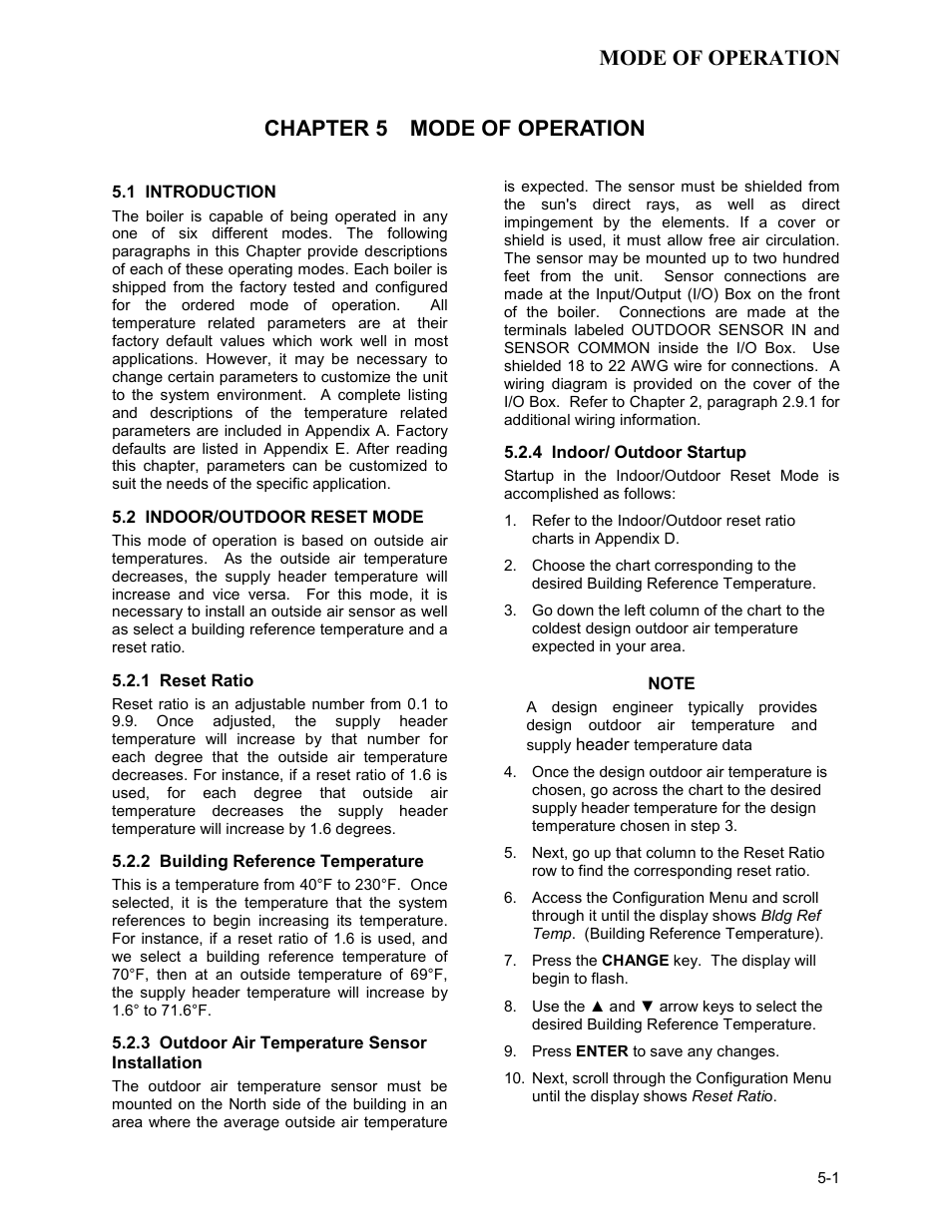Chapter 5 mode of operation, 1 introduction, 2 indoor/outdoor reset mode | 1 reset ratio, 2 building reference temperature, 3 outdoor air temperature sensor installation, 4 indoor/ outdoor startup, Mode of operation | AERCO BMK 3.0 LN Dual-Fuel Series Gas Fired Low NOx Boiler System User Manual | Page 43 / 136