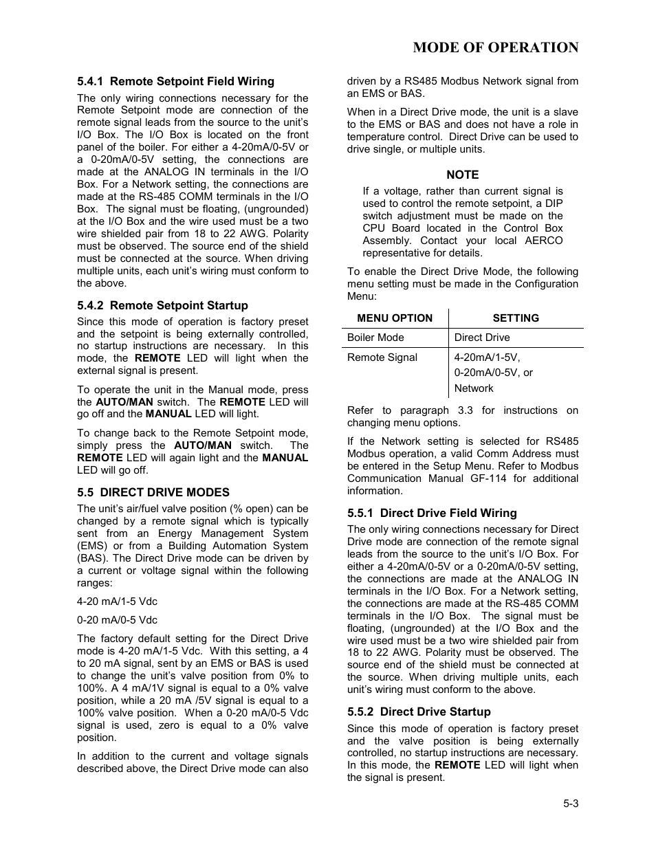 1 remote setpoint field wiring, 2 remote setpoint startup, 5 direct drive modes | 1 direct drive field wiring, 2 direct drive startup, Mode of operation | AERCO BMK 3.0 LN Dual-Fuel Series Gas Fired Low NOx Boiler System User Manual | Page 45 / 136