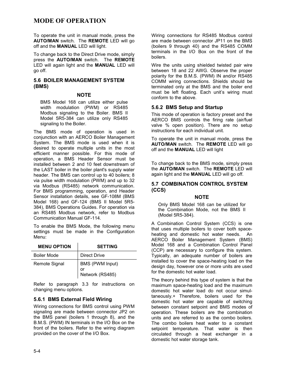 6 boiler management system (bms), 1 bms external field wiring, 2 bms setup and startup | 7 combination control system (ccs), Mode of operation | AERCO BMK 3.0 LN Dual-Fuel Series Gas Fired Low NOx Boiler System User Manual | Page 46 / 136