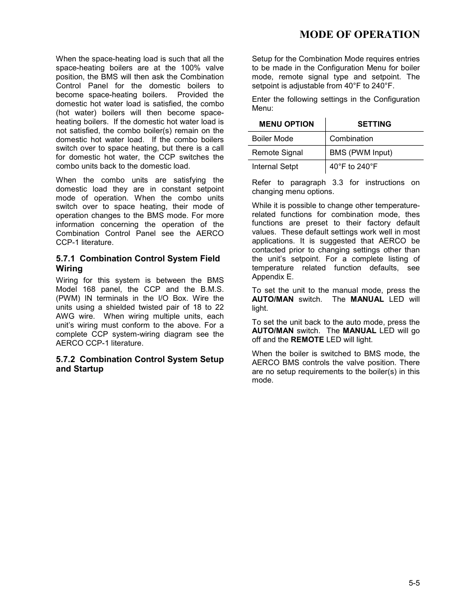 1 combination control system field wiring, 2 combination control system setup and startup, Mode of operation | AERCO BMK 3.0 LN Dual-Fuel Series Gas Fired Low NOx Boiler System User Manual | Page 47 / 136