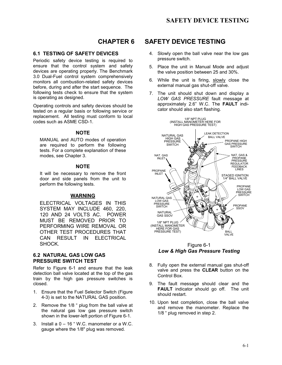 Chapter 6 safety device testing, 1 testing of safety devices, 2 natural gas low gas pressure switch test | Safety device testing | AERCO BMK 3.0 LN Dual-Fuel Series Gas Fired Low NOx Boiler System User Manual | Page 49 / 136